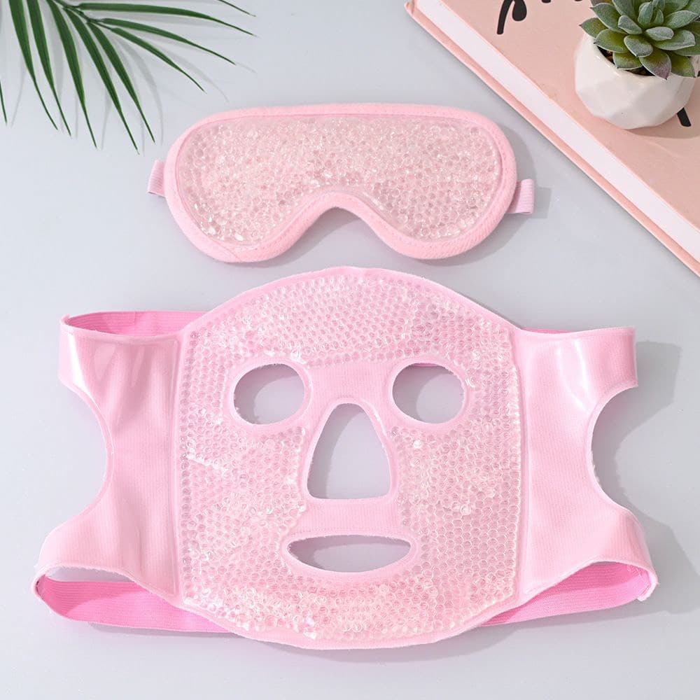Pink gel-bead eye mask and matching full-face mask laid flat, showing the bead texture