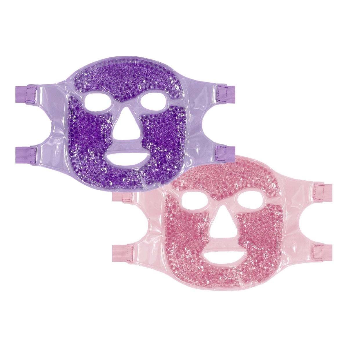 Two gel-bead full-face cryo masks in purple and pink with adjustable straps