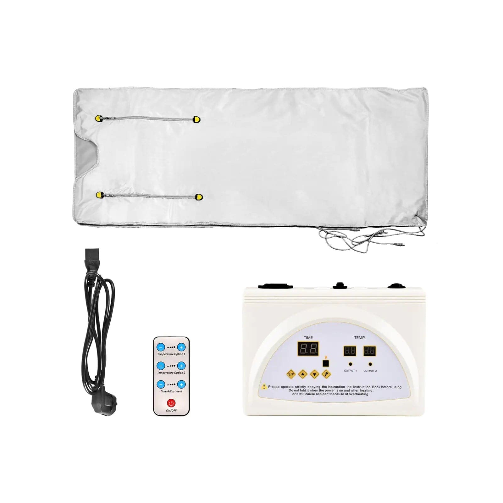 Ember sauna blanket laid flat with controller, remote and power lead