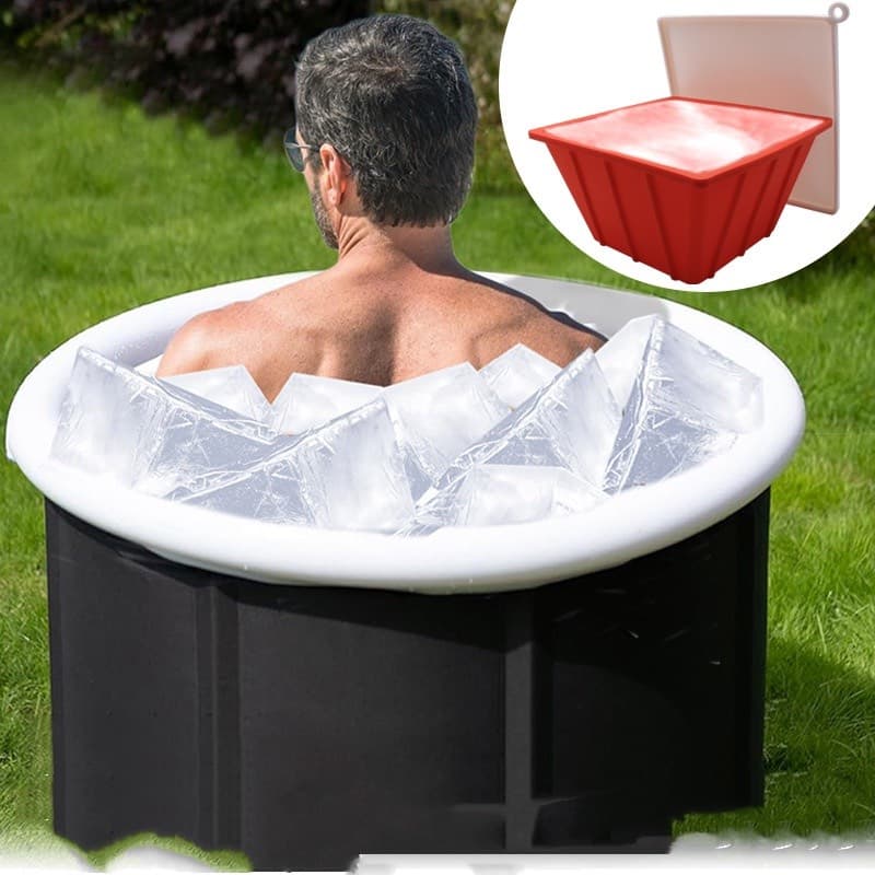 Ice bath filled with extra-large clear ice blocks, with the red silicone XL mould shown inset