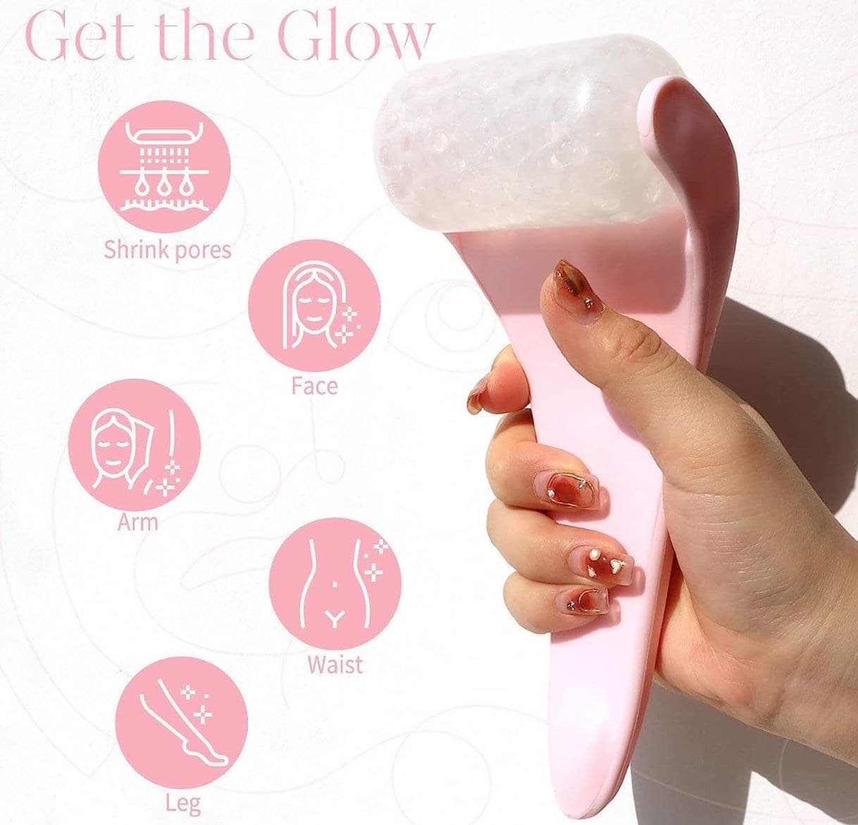 Handheld ice roller with frozen gel-bead head held in a hand, with usage areas illustrated
