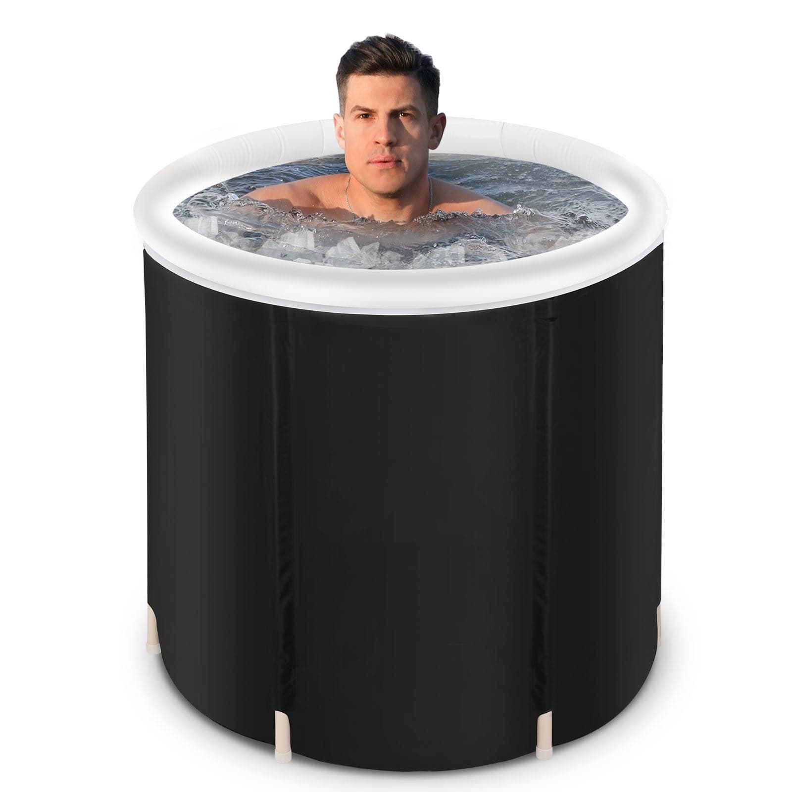 Man immersed to the shoulders in the compact Kaldera Plunge 80 tub filled with ice water