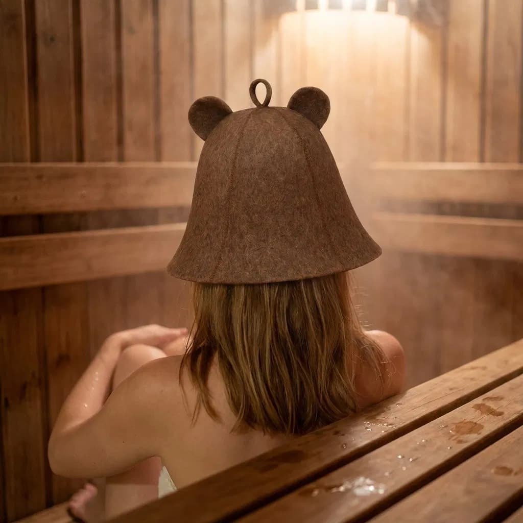 Brown wool felt sauna hat worn by a woman sitting in a steamy wooden sauna