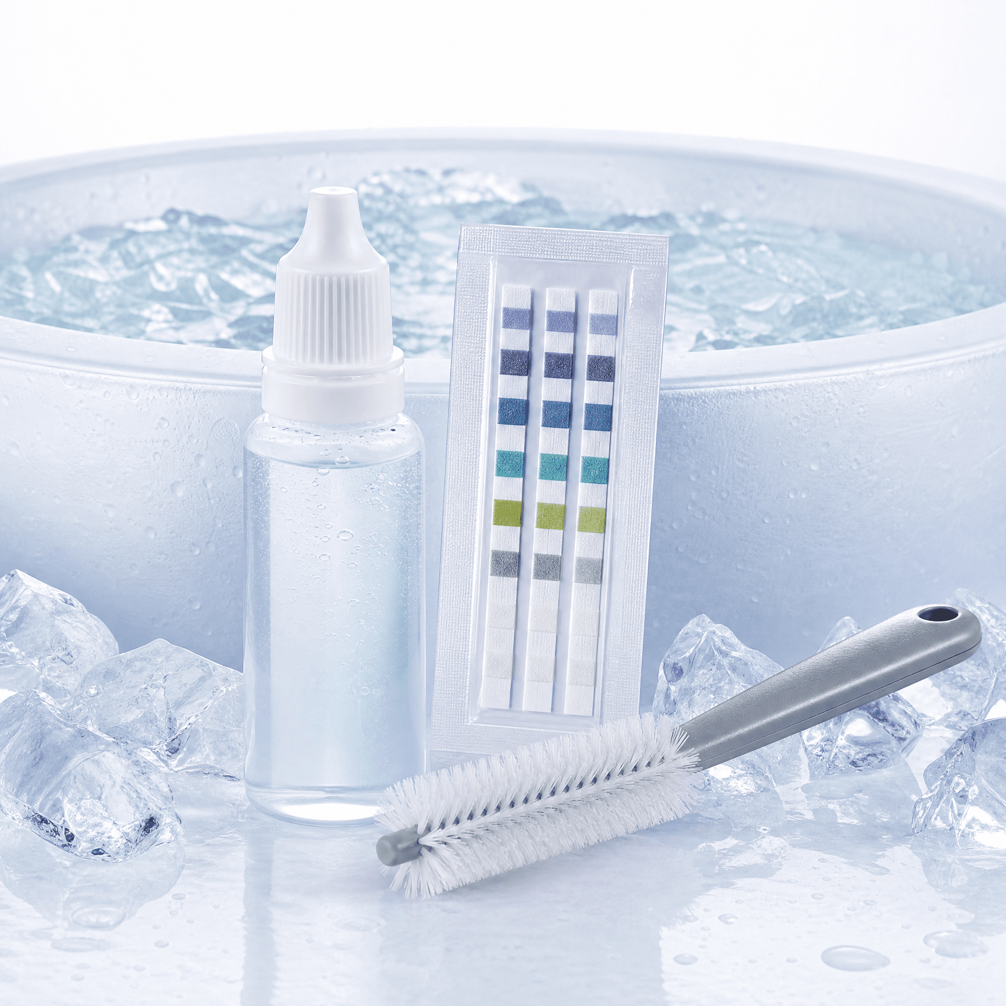 Ice bath water care kit: chlorine-free treatment drops, pH test strips and a seam-safe cleaning brush
