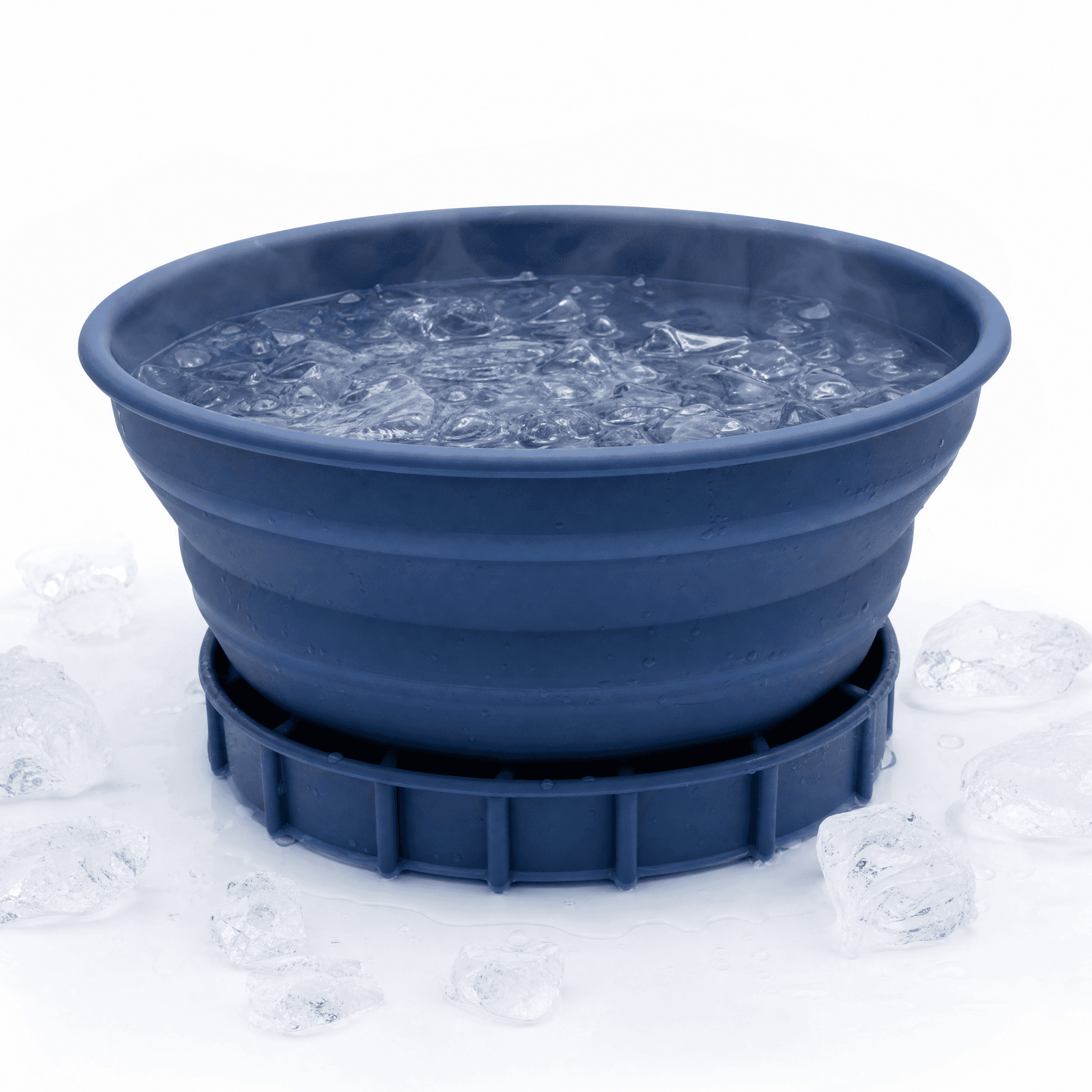 Collapsible food-grade silicone facial plunge bowl with a built-in ice tray in the base