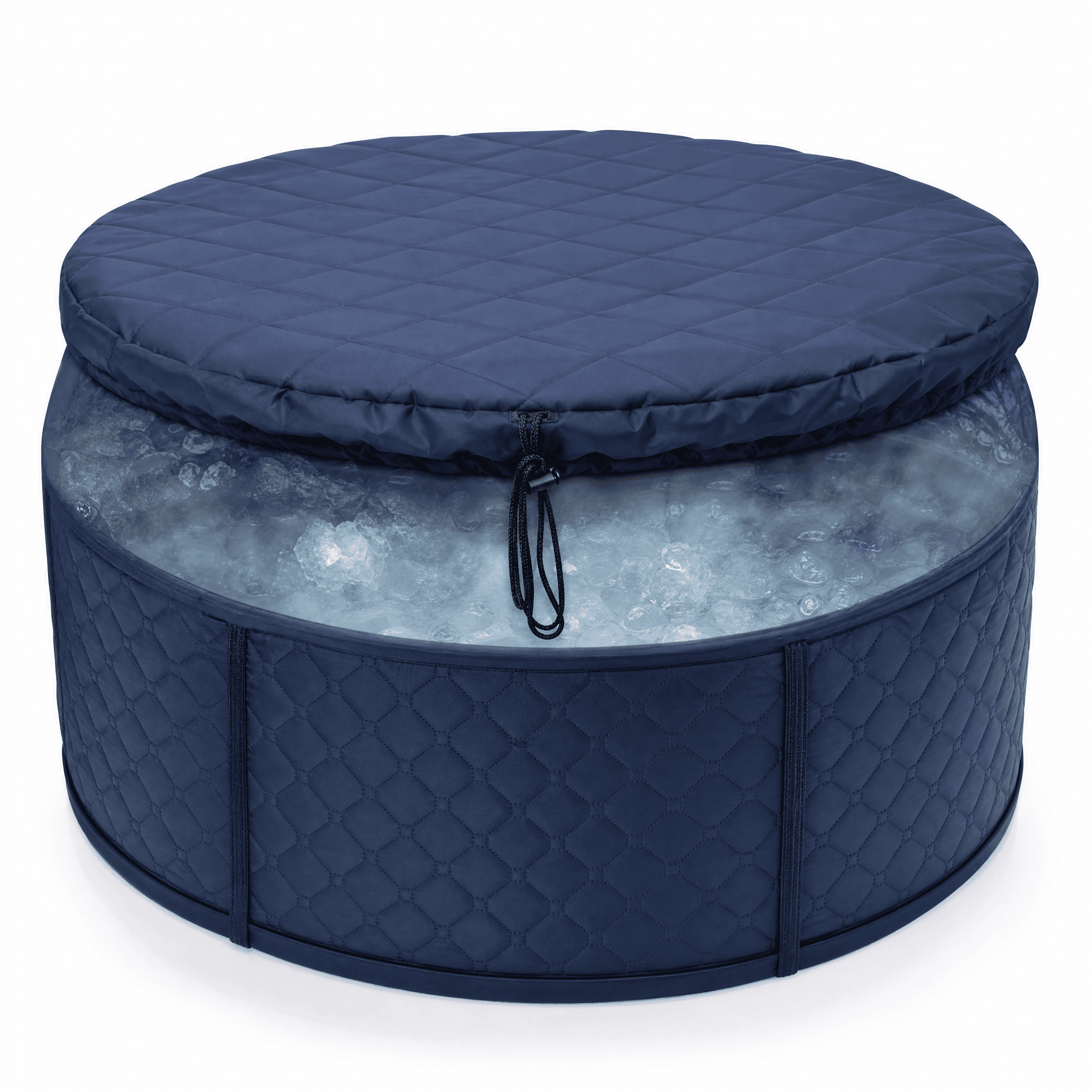 Quilted thermal Oxford-cloth cover and lid with a perimeter drawstring over a round ice bath tub